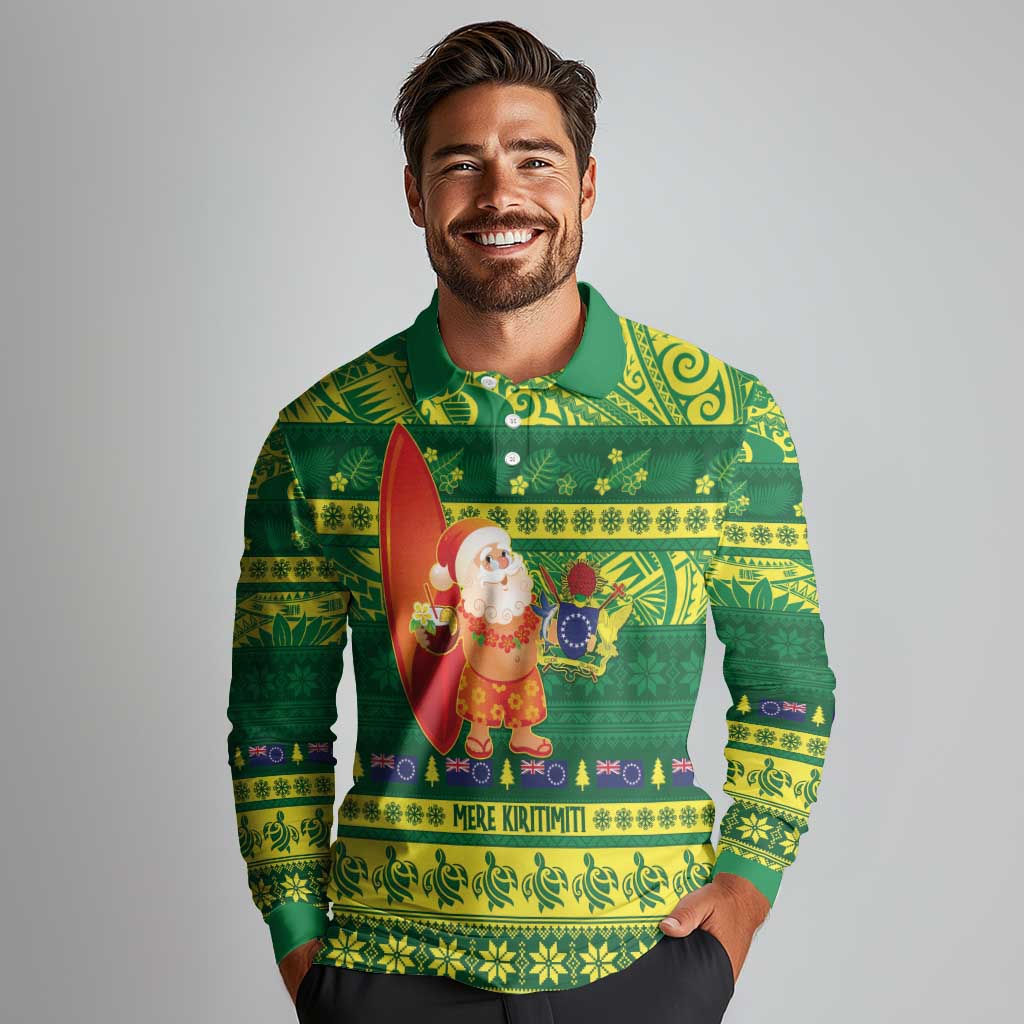 Cook Islands Christmas Long Sleeve Polo Shirt Surfing Santa Mere Kiritimiti - Polynesian Pride