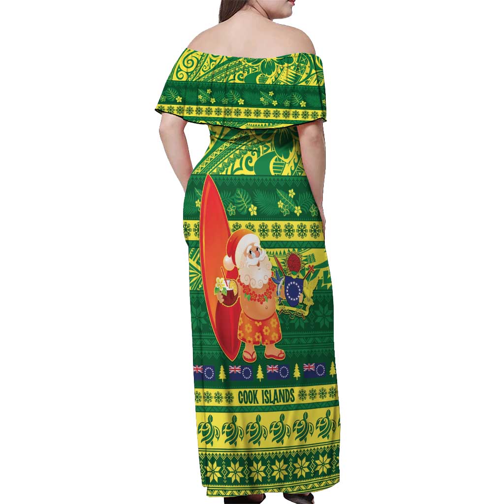 Cook Islands Christmas Off Shoulder Maxi Dress Surfing Santa Mere Kiritimiti - Polynesian Pride