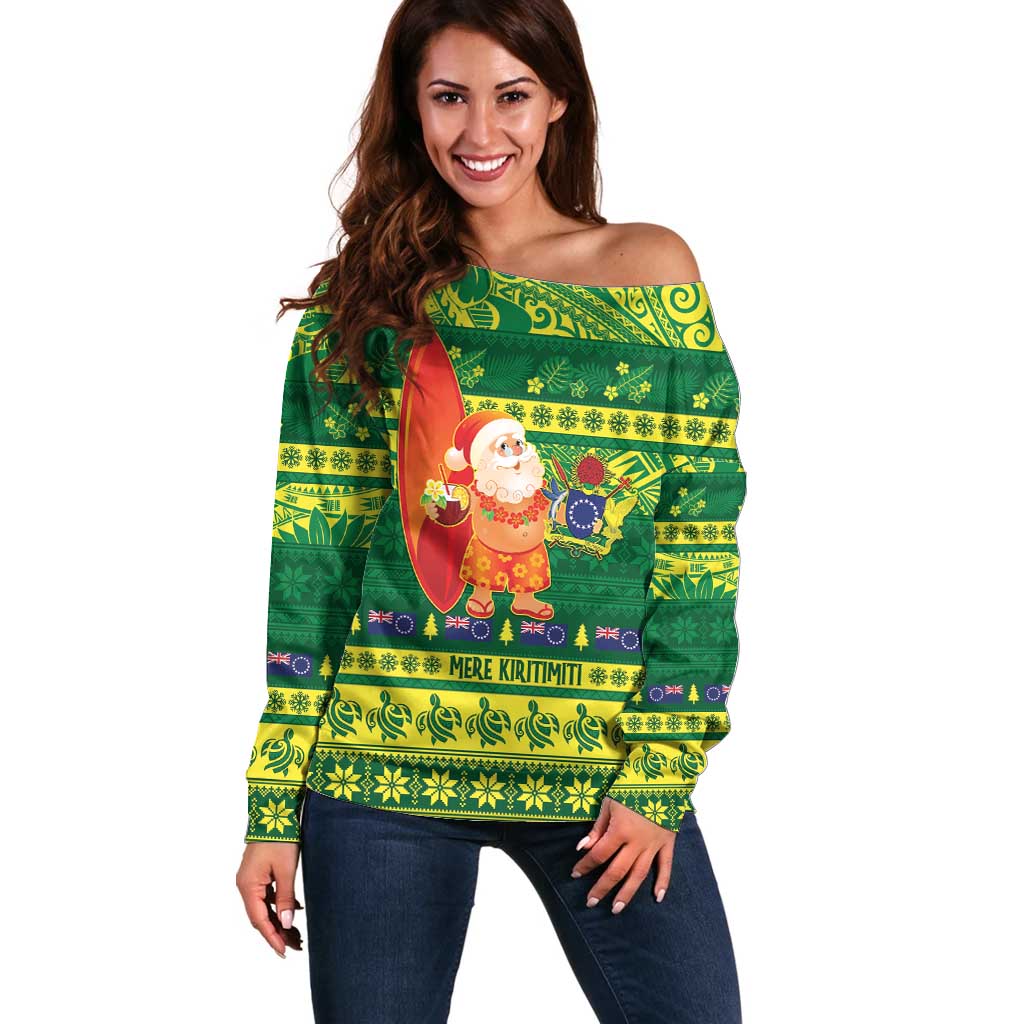 Cook Islands Christmas Off Shoulder Sweater Surfing Santa Mere Kiritimiti - Polynesian Pride