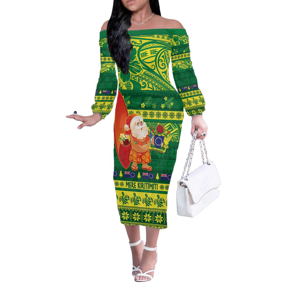 Cook Islands Christmas Off The Shoulder Long Sleeve Dress Surfing Santa Mere Kiritimiti - Polynesian Pride