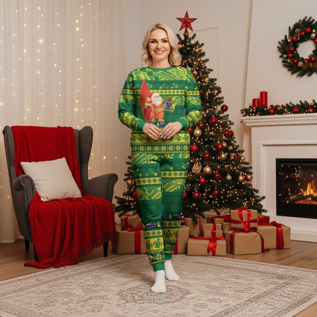 Cook Islands Christmas Pajama Set Surfing Santa Mere Kiritimiti - Polynesian Pride