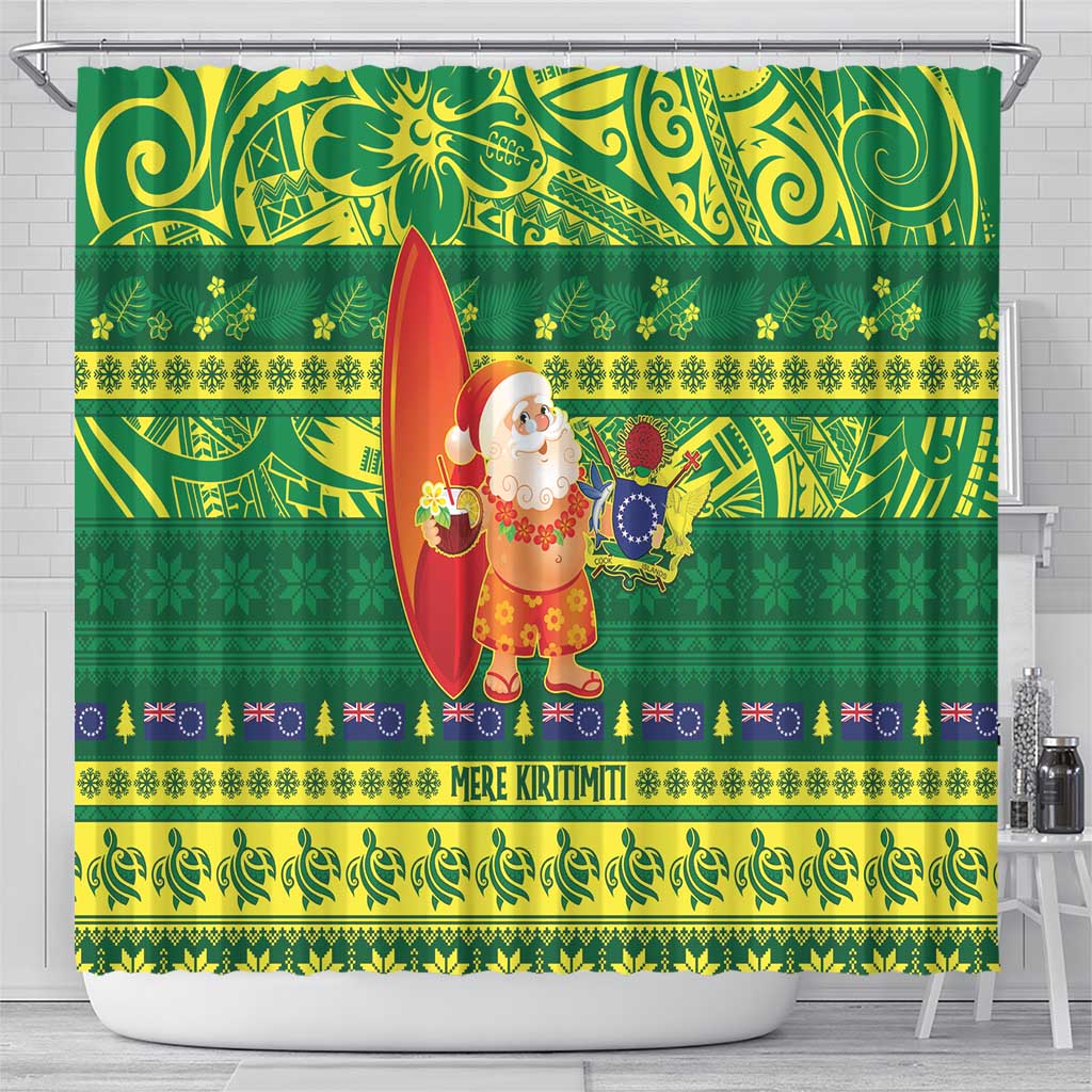 Cook Islands Christmas Shower Curtain Surfing Santa Mere Kiritimiti - Polynesian Pride