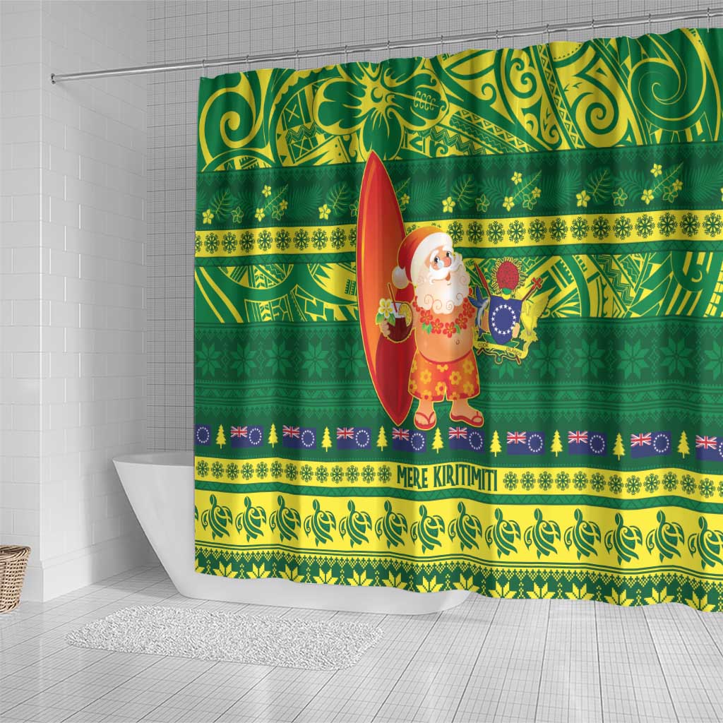 Cook Islands Christmas Shower Curtain Surfing Santa Mere Kiritimiti - Polynesian Pride