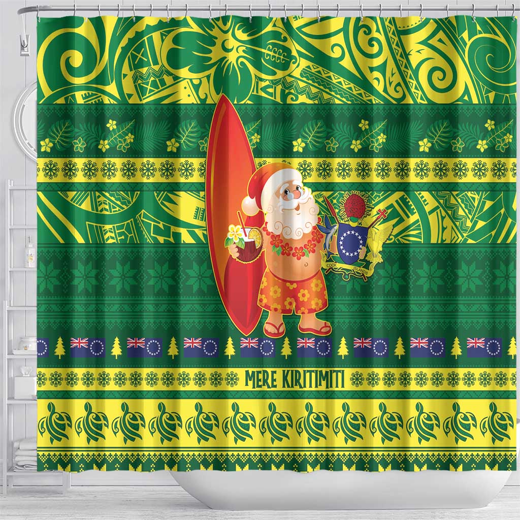 Cook Islands Christmas Shower Curtain Surfing Santa Mere Kiritimiti - Polynesian Pride