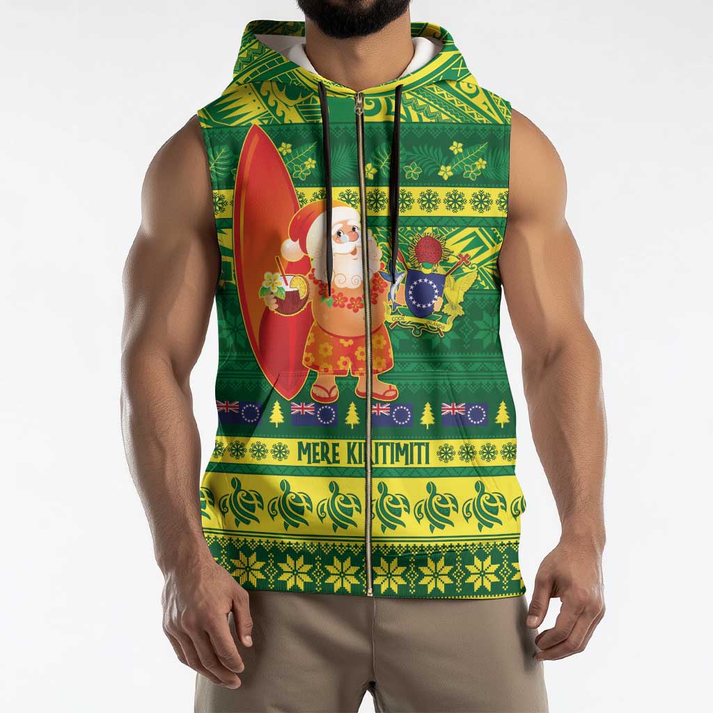 Cook Islands Christmas Sleeveless Zip Hoodie Surfing Santa Mere Kiritimiti - Polynesian Pride