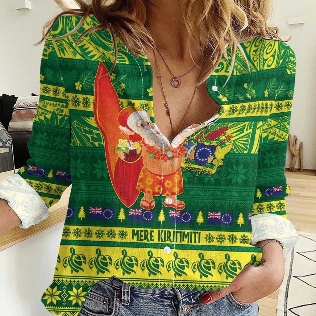 Cook Islands Christmas Women Casual Shirt Surfing Santa Mere Kiritimiti - Polynesian Pride