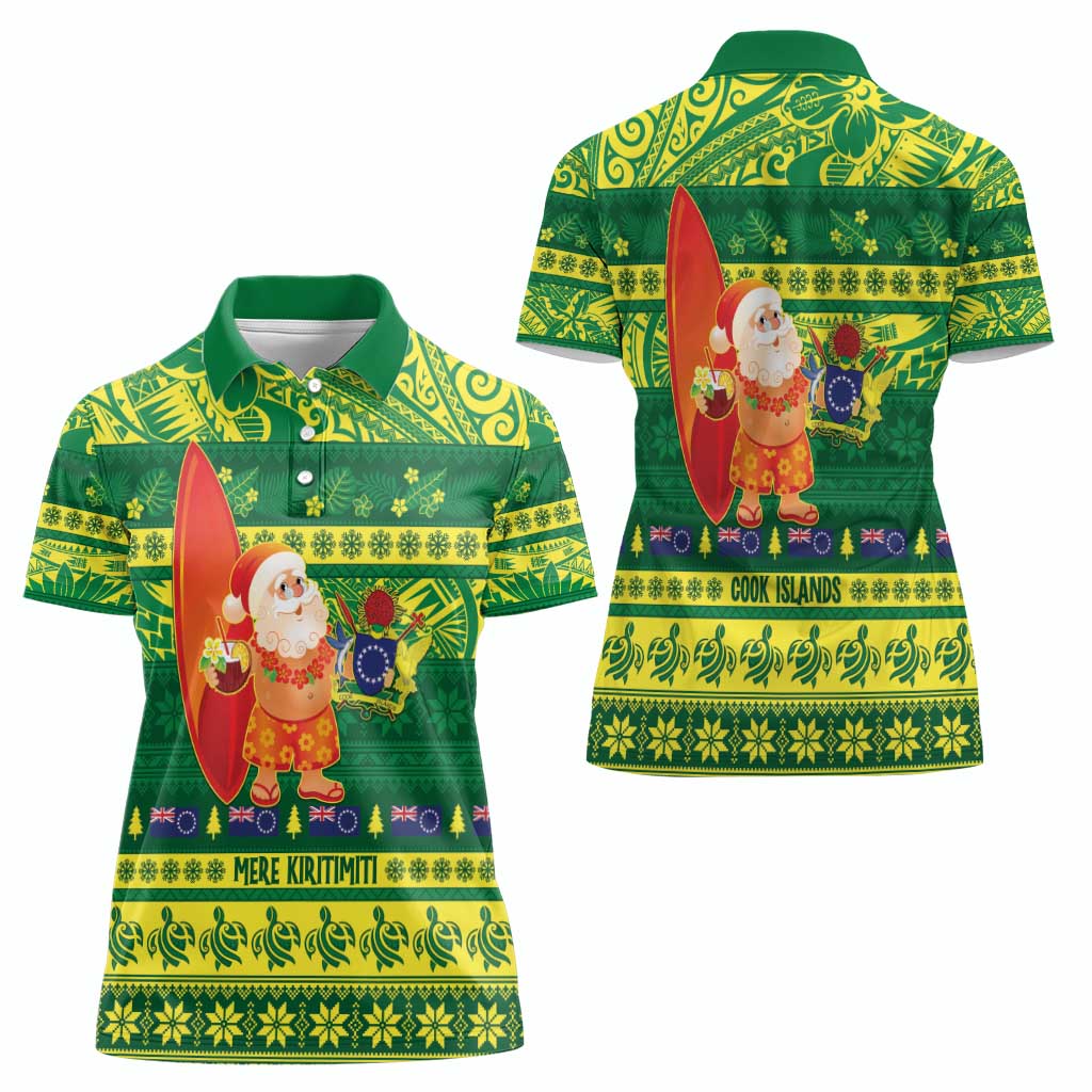 Cook Islands Christmas Women Polo Shirt Surfing Santa Mere Kiritimiti - Polynesian Pride