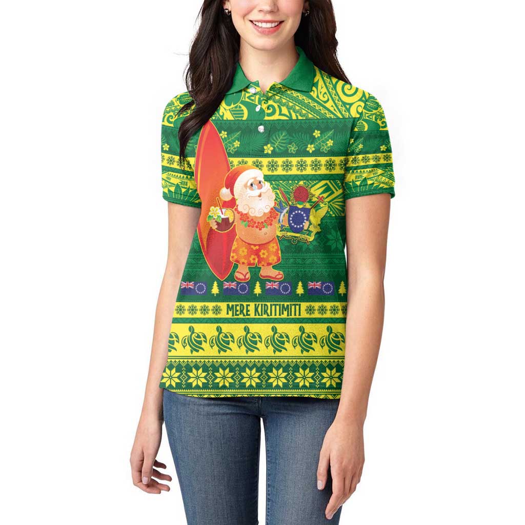 Cook Islands Christmas Women Polo Shirt Surfing Santa Mere Kiritimiti - Polynesian Pride