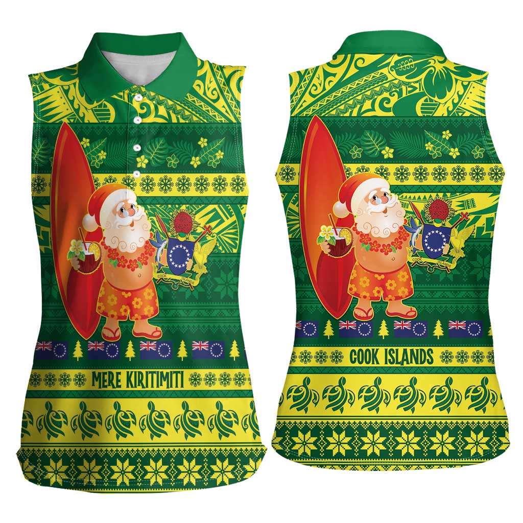 Cook Islands Christmas Women Sleeveless Polo Shirt Surfing Santa Mere Kiritimiti - Polynesian Pride