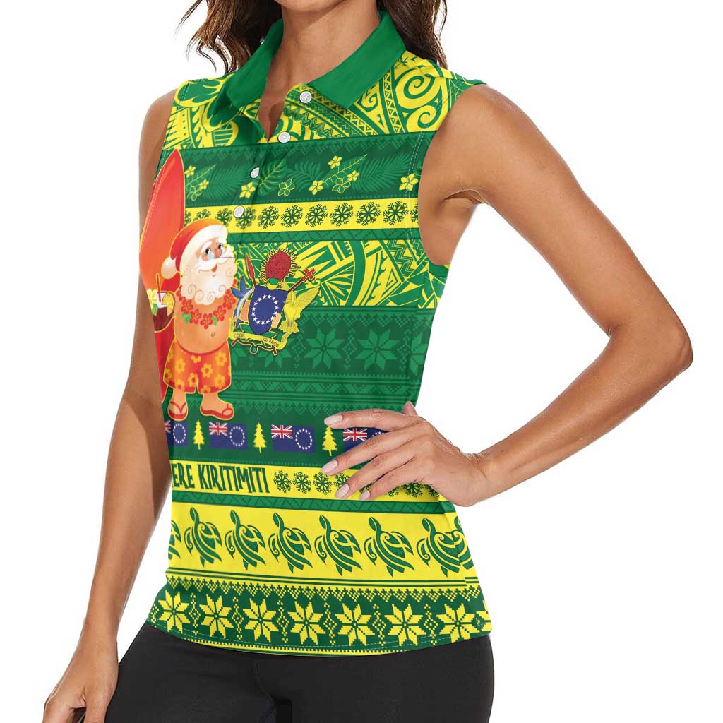Cook Islands Christmas Women Sleeveless Polo Shirt Surfing Santa Mere Kiritimiti - Polynesian Pride