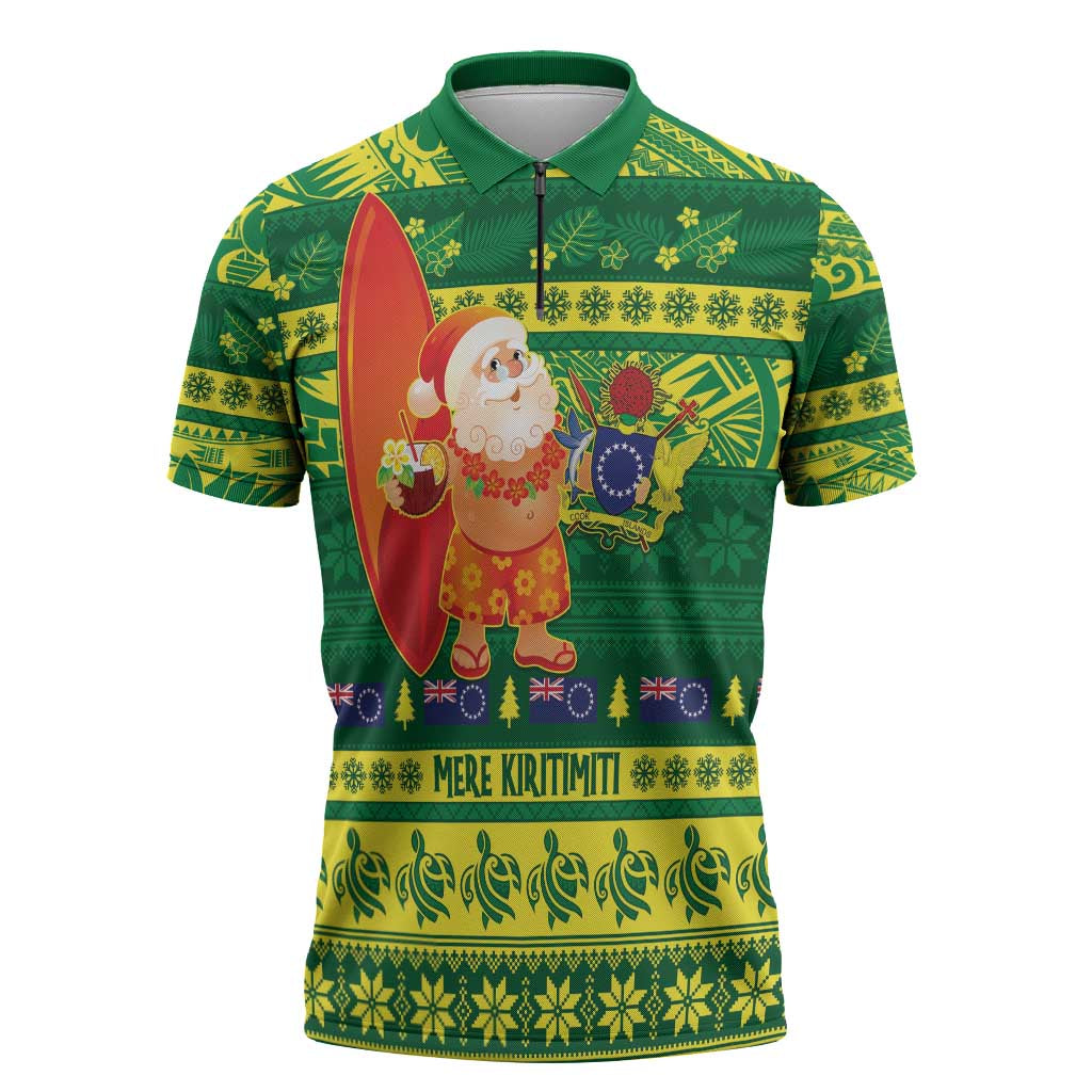 Cook Islands Christmas Zipper Polo Shirt Surfing Santa Mere Kiritimiti - Polynesian Pride
