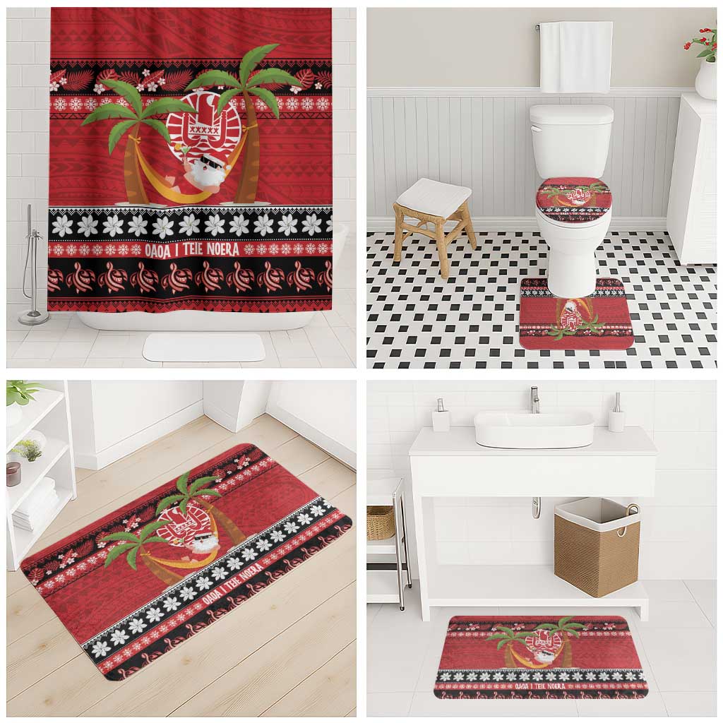 French Polynesia Christmas Bathroom Set Tiare Chilling Santa Oaoa I teie Noera - Polynesian Pride