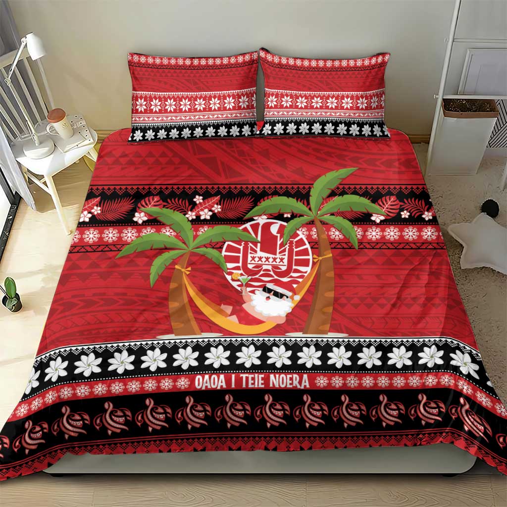 French Polynesia Christmas Bedding Set Tiare Chilling Santa Oaoa I teie Noera - Polynesian Pride