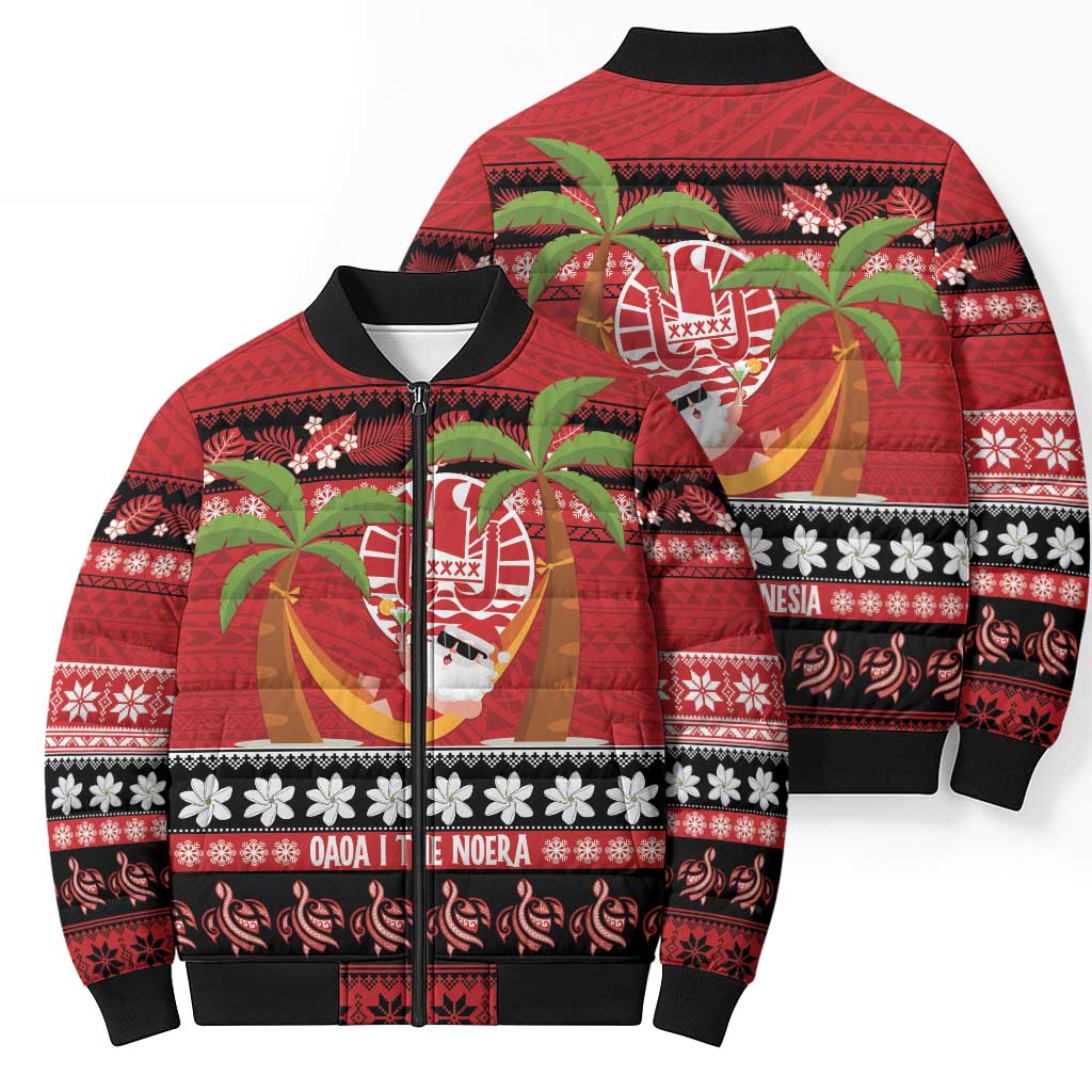 French Polynesia Christmas Bomber Puffer Jacket Tiare Chilling Santa Oaoa I teie Noera LT14 - Polynesian Pride