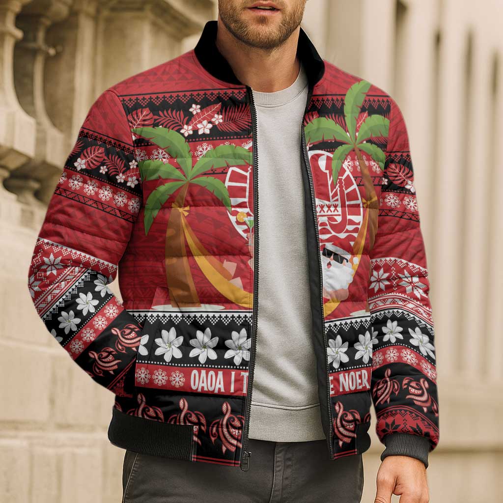 French Polynesia Christmas Bomber Puffer Jacket Tiare Chilling Santa Oaoa I teie Noera LT14 - Polynesian Pride