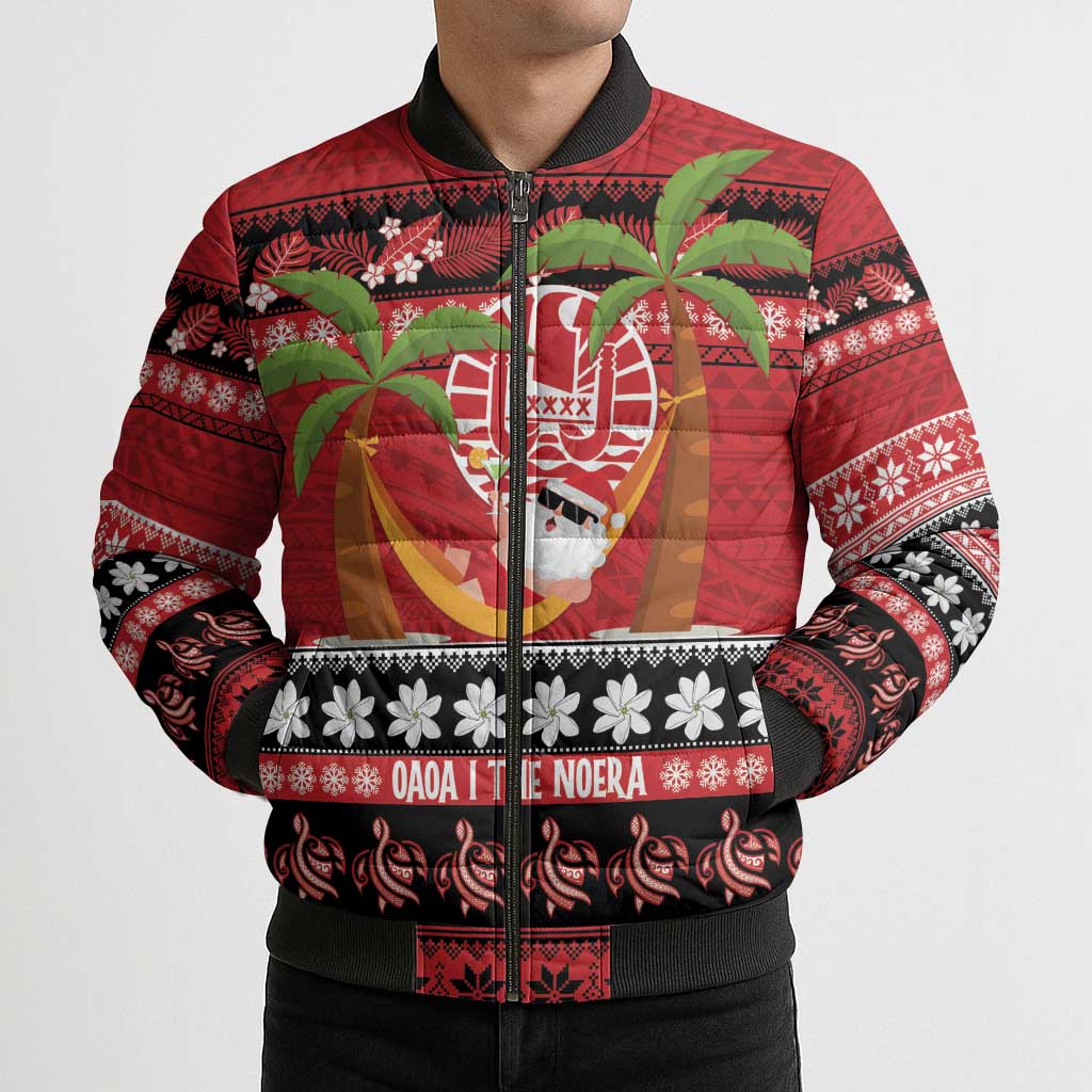French Polynesia Christmas Bomber Puffer Jacket Tiare Chilling Santa Oaoa I teie Noera LT14 - Polynesian Pride