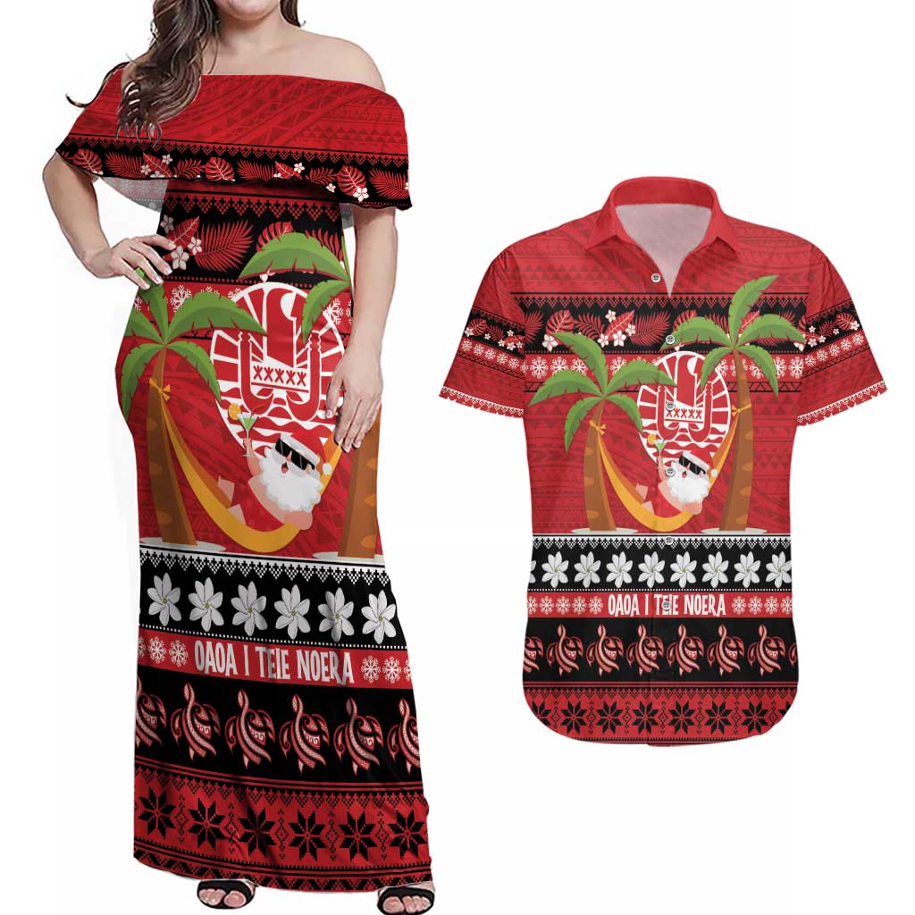 French Polynesia Christmas Couples Matching Off Shoulder Maxi Dress and Hawaiian Shirt Tiare Chilling Santa Oaoa I teie Noera - Polynesian Pride