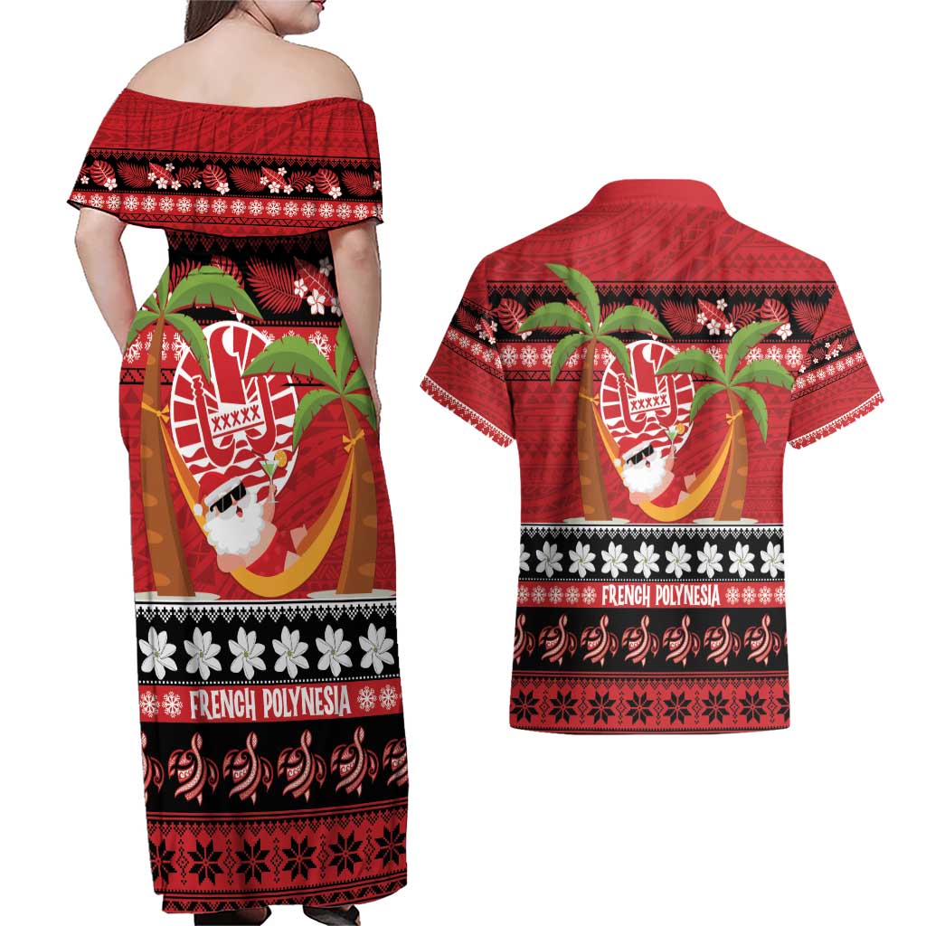 French Polynesia Christmas Couples Matching Off Shoulder Maxi Dress and Hawaiian Shirt Tiare Chilling Santa Oaoa I teie Noera - Polynesian Pride