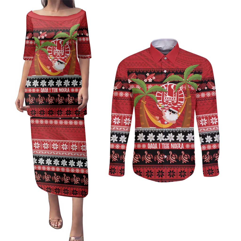 French Polynesia Christmas Couples Matching Puletasi and Long Sleeve Button Shirt Tiare Chilling Santa Oaoa I teie Noera - Polynesian Pride
