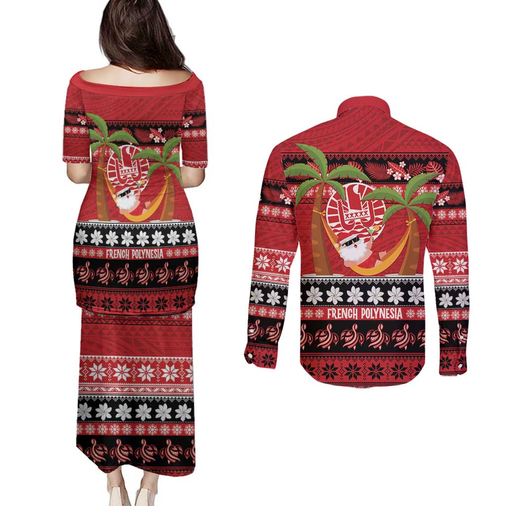 French Polynesia Christmas Couples Matching Puletasi and Long Sleeve Button Shirt Tiare Chilling Santa Oaoa I teie Noera - Polynesian Pride