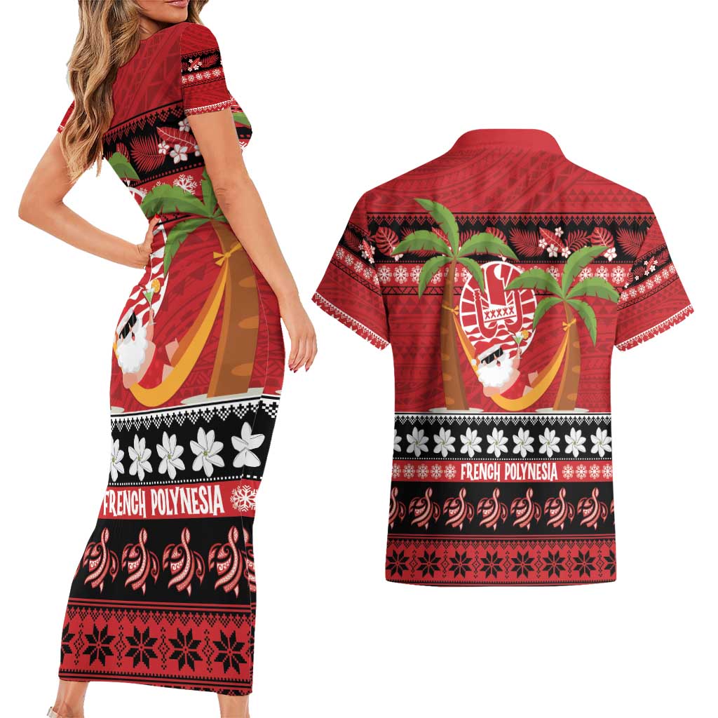 French Polynesia Christmas Couples Matching Short Sleeve Bodycon Dress and Hawaiian Shirt Tiare Chilling Santa Oaoa I teie Noera - Polynesian Pride