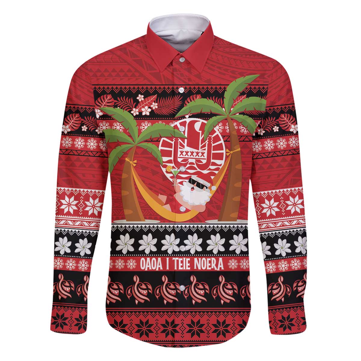 French Polynesia Christmas Family Matching Off The Shoulder Long Sleeve Dress and Hawaiian Shirt Tiare Chilling Santa Oaoa I teie Noera - Polynesian Pride
