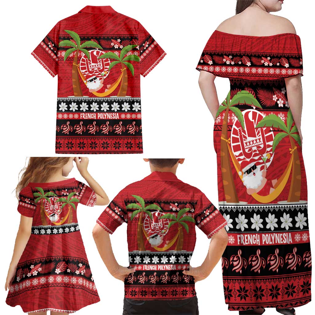 French Polynesia Christmas Family Matching Off Shoulder Maxi Dress and Hawaiian Shirt Tiare Chilling Santa Oaoa I teie Noera - Polynesian Pride