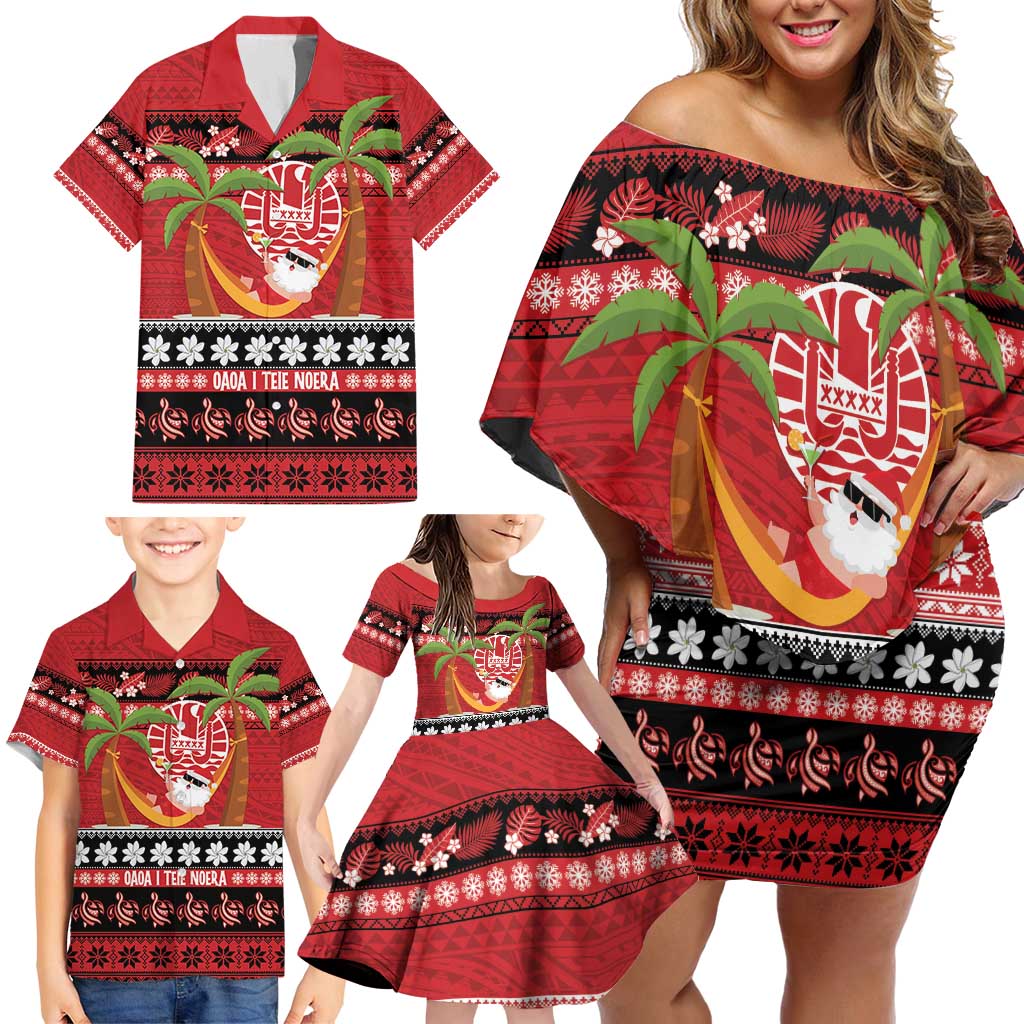 French Polynesia Christmas Family Matching Off Shoulder Short Dress and Hawaiian Shirt Tiare Chilling Santa Oaoa I teie Noera - Polynesian Pride