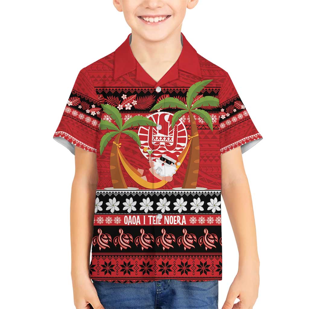 French Polynesia Christmas Family Matching Off Shoulder Short Dress and Hawaiian Shirt Tiare Chilling Santa Oaoa I teie Noera - Polynesian Pride