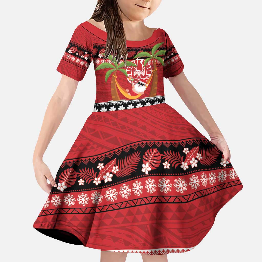 French Polynesia Christmas Family Matching Short Sleeve Bodycon Dress and Hawaiian Shirt Tiare Chilling Santa Oaoa I teie Noera - Polynesian Pride