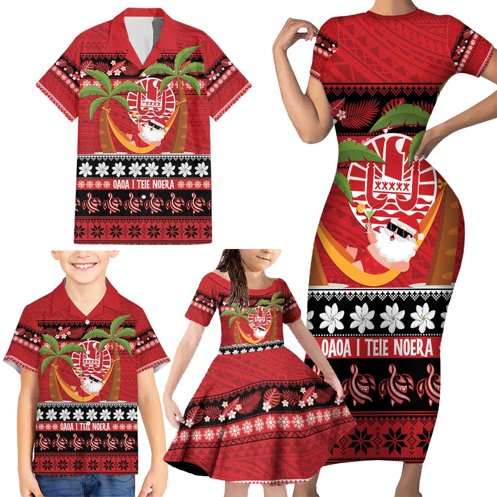 French Polynesia Christmas Family Matching Short Sleeve Bodycon Dress and Hawaiian Shirt Tiare Chilling Santa Oaoa I teie Noera - Polynesian Pride