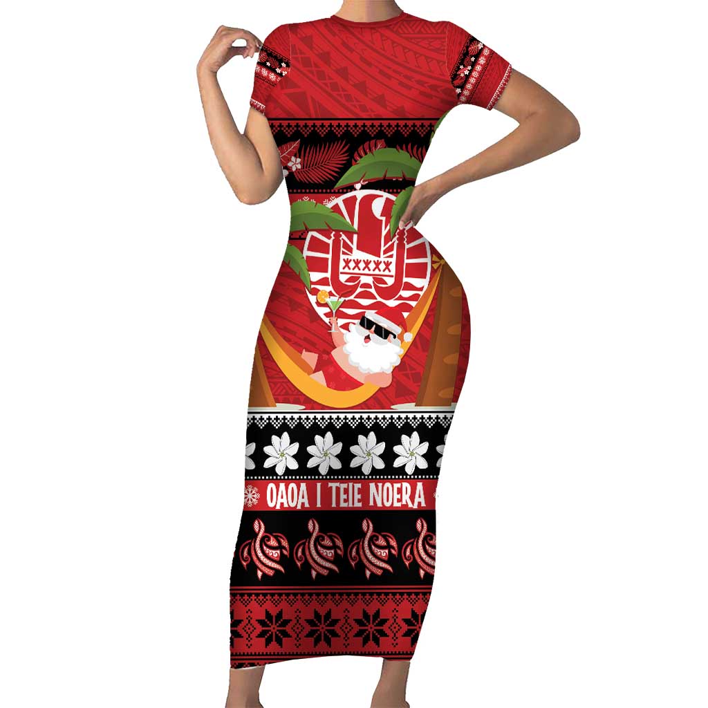 French Polynesia Christmas Family Matching Short Sleeve Bodycon Dress and Hawaiian Shirt Tiare Chilling Santa Oaoa I teie Noera - Polynesian Pride