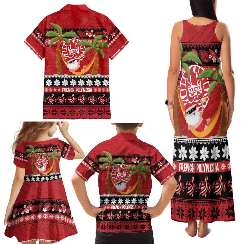French Polynesia Christmas Family Matching Tank Maxi Dress and Hawaiian Shirt Tiare Chilling Santa Oaoa I teie Noera - Polynesian Pride