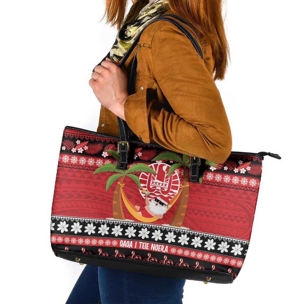 French Polynesia Christmas Leather Tote Bag Tiare Chilling Santa Oaoa I teie Noera - Polynesian Pride