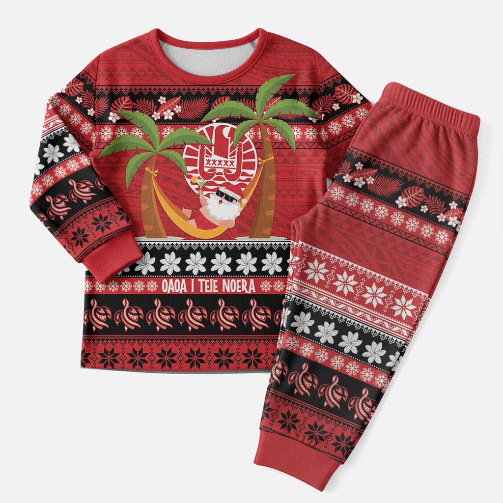 French Polynesia Christmas Pajama Set Tiare Chilling Santa Oaoa I teie Noera LT14 Men Red - Polynesian Pride