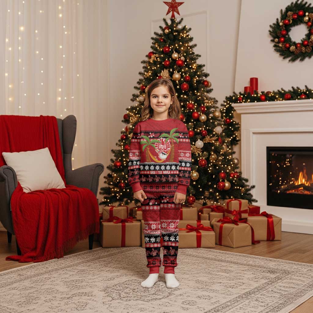 French Polynesia Christmas Pajama Set Tiare Chilling Santa Oaoa I teie Noera LT14 Kid Red - Polynesian Pride