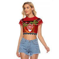French Polynesia Christmas Raglan Cropped T Shirt Tiare Chilling Santa Oaoa I teie Noera - Polynesian Pride