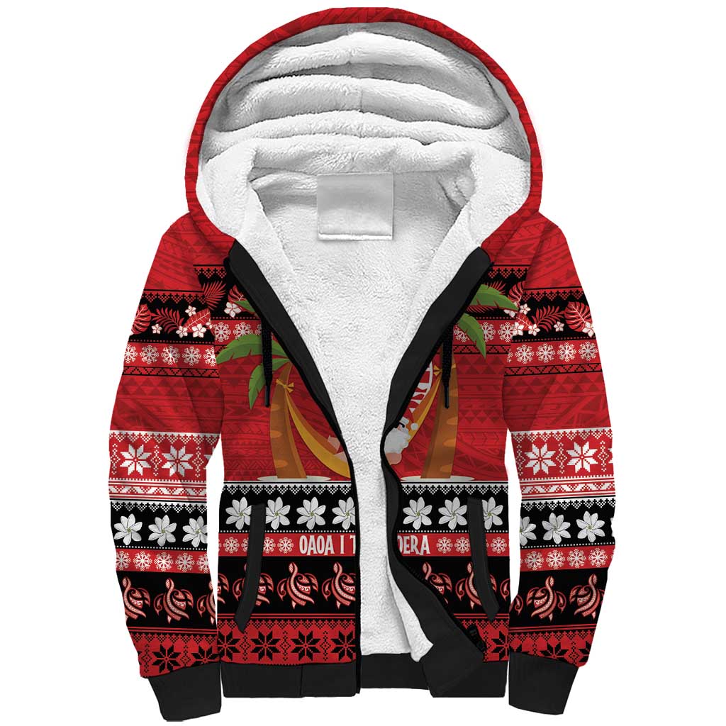 French Polynesia Christmas Sherpa Hoodie Tiare Chilling Santa Oaoa I teie Noera - Polynesian Pride