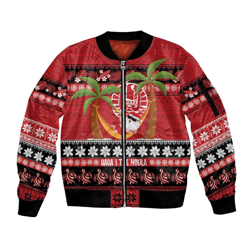 French Polynesia Christmas Sleeve Zip Bomber Jacket Tiare Chilling Santa Oaoa I teie Noera - Polynesian Pride