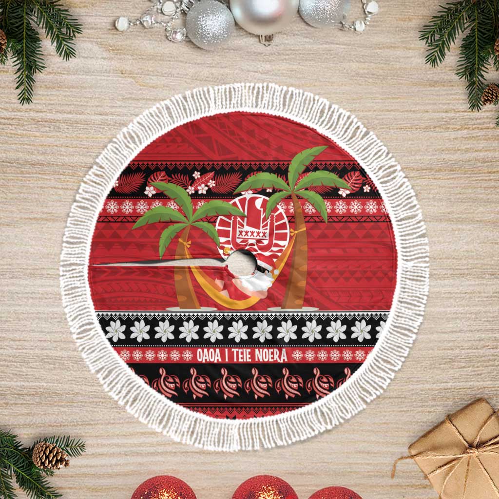 French Polynesia Christmas Tree Skirt Tiare Chilling Santa Oaoa I teie Noera LT14 Fringed Red - Polynesian Pride