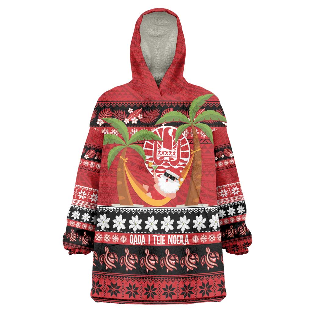 French Polynesia Christmas Wearable Blanket Hoodie Tiare Chilling Santa Oaoa I teie Noera - Polynesian Pride