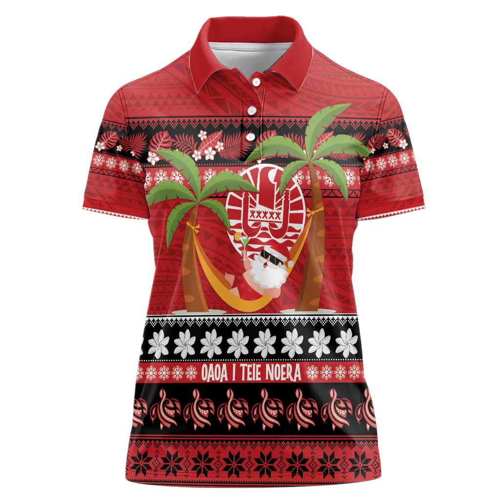French Polynesia Christmas Women Polo Shirt Tiare Chilling Santa Oaoa I teie Noera - Polynesian Pride