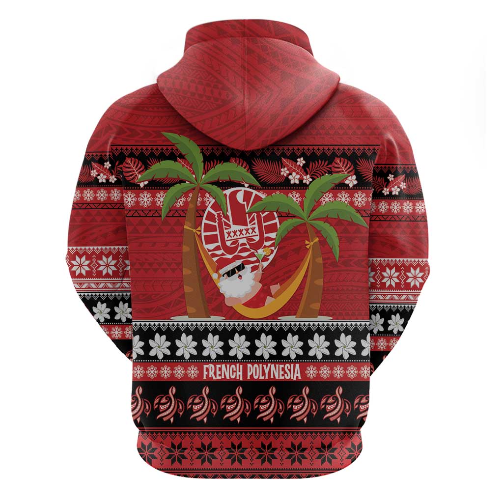 French Polynesia Christmas Zip Hoodie Tiare Chilling Santa Oaoa I teie Noera - Polynesian Pride
