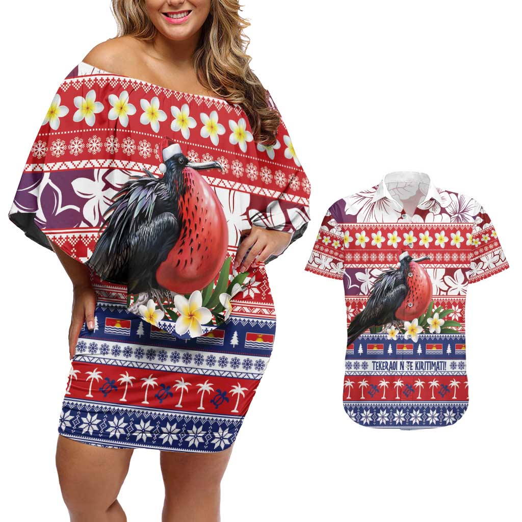 Kiribati Christmas Couples Matching Off Shoulder Short Dress and Hawaiian Shirt Frigatebird Santa Tekeraoi n te Kiritimati - Polynesian Pride