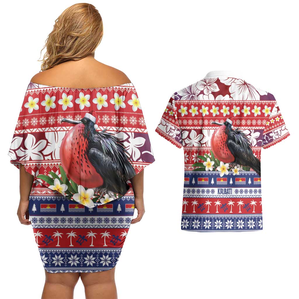 Kiribati Christmas Couples Matching Off Shoulder Short Dress and Hawaiian Shirt Frigatebird Santa Tekeraoi n te Kiritimati - Polynesian Pride