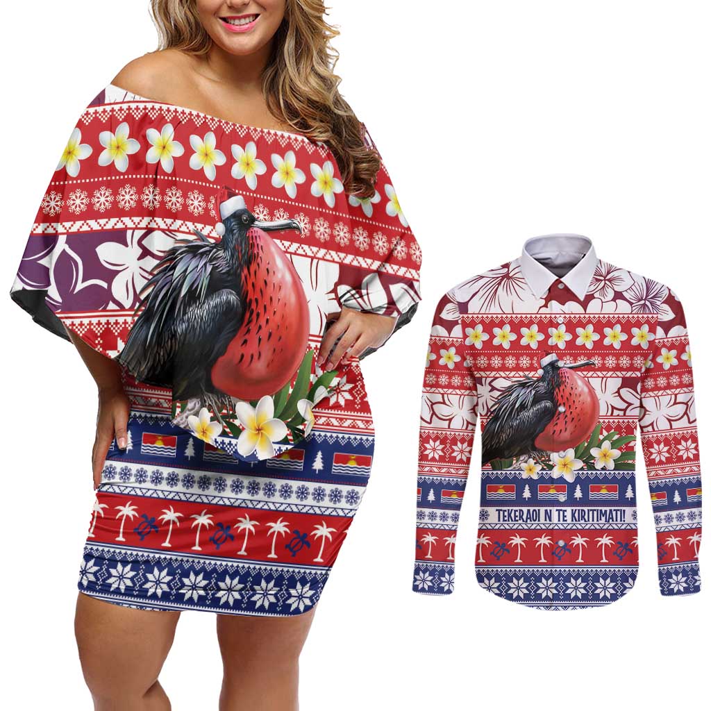 Kiribati Christmas Couples Matching Off Shoulder Short Dress and Long Sleeve Button Shirt Frigatebird Santa Tekeraoi n te Kiritimati - Polynesian Pride