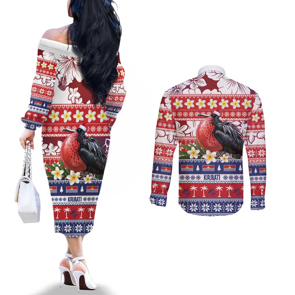 Kiribati Christmas Couples Matching Off The Shoulder Long Sleeve Dress and Long Sleeve Button Shirt Frigatebird Santa Tekeraoi n te Kiritimati - Polynesian Pride