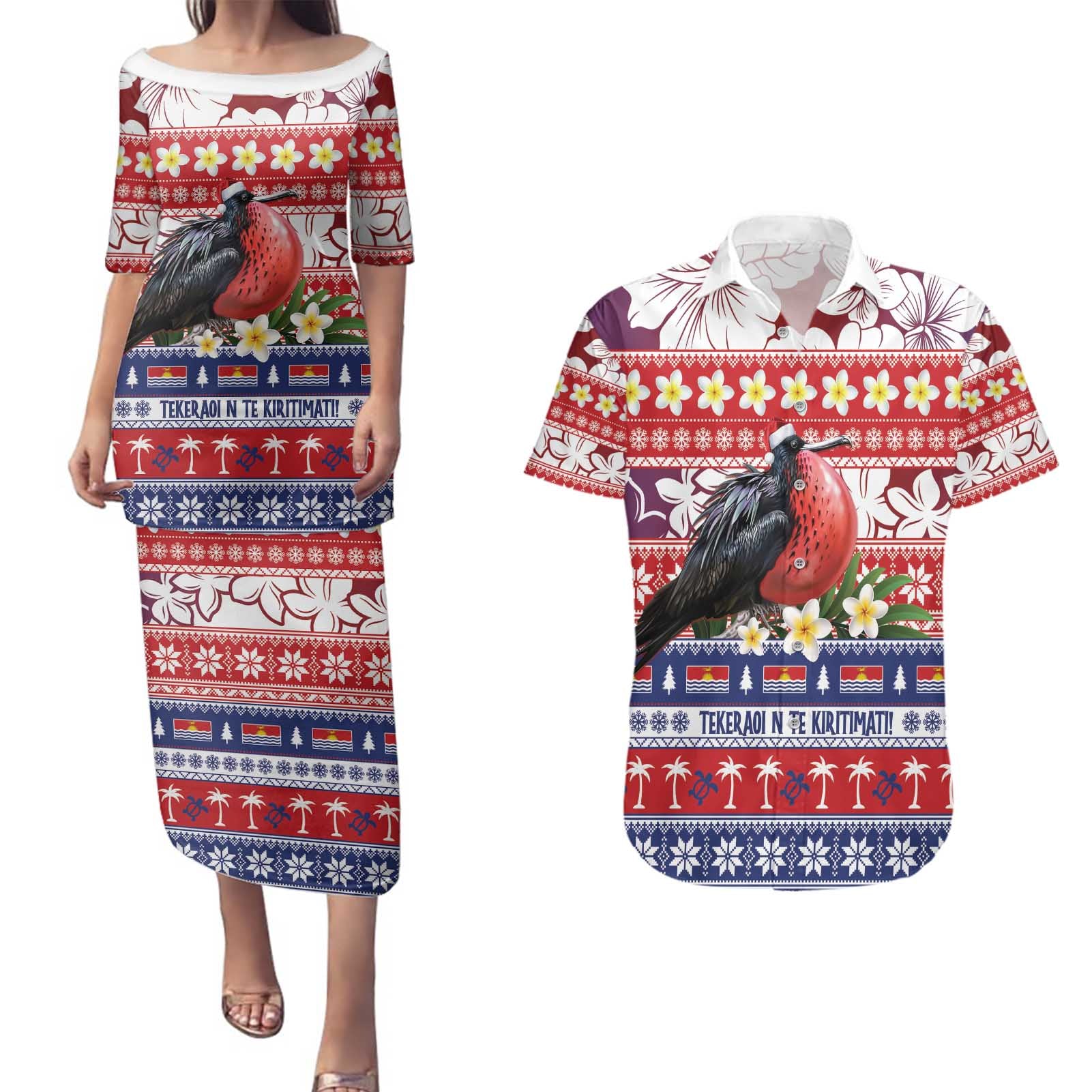 Kiribati Christmas Couples Matching Puletasi and Hawaiian Shirt Frigatebird Santa Tekeraoi n te Kiritimati - Polynesian Pride