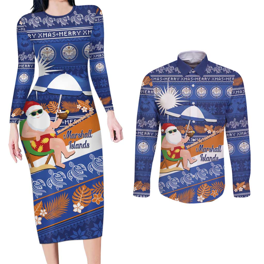Marshall Islands Christmas Couples Matching Long Sleeve Bodycon Dress and Long Sleeve Button Shirt Beachy Santa Monono ilo raaneoan Nejin - Polynesian Pride