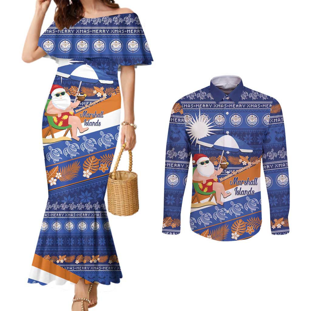 Marshall Islands Christmas Couples Matching Mermaid Dress and Long Sleeve Button Shirt Beachy Santa Monono ilo raaneoan Nejin - Polynesian Pride